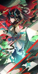 1girl absurdres aqua_horns arknights bare_shoulders bead_bracelet beads black_hair bracelet calligraphy_brush china_dress chinese_clothes closed_mouth colored_extremities colored_skin commentary_request dragon_girl dragon_horns dragon_tail dress dusk_(arknights) earrings eastern_dragon_tail gradient_skin green_hands green_horns green_skin highres holding holding_calligraphy_brush holding_paintbrush horns jewelry long_hair looking_at_viewer paintbrush pointy_ears red_eyes sleeveless sleeveless_dress solo songchuan_li tail tassel tassel_earrings