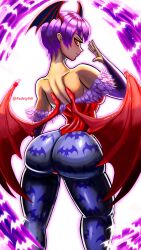 1girl animal_print arm_up artist_name ass bat_(animal) bat_print bat_wings blue_pantyhose breasts bridal_gauntlets capcom cleavage closed_mouth clothing_cutout collarbone commentary darkstalkers demon_girl diamond_cutout energy english_commentary female_focus fur-trimmed_leotard fur_trim head_wings highleg highleg_leotard highres huge_ass large_breasts legs_apart leotard lilith_(darkstalkers) looking_at_viewer looking_back low_wings narrow_waist outline pantyhose purple_hair purple_nails red_eyes red_leotard redztylish short_hair shoulder_blades small_breasts solo standing thick_thighs thighs wings