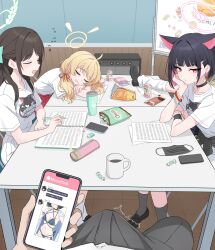 Rule 34 | 1boy, 4girls, absurdres, after-school sweets club (blue archive), ahoge, airi (band) (blue archive), airi (blue archive), animal ears, bakeneko, bikini, black hair, black pants, black tail, blonde hair, blue archive, blue bikini, breasts, brown hair, bulge, cat ears, cat girl, cat tail, cellphone, cellphone photo, chat log, cheek rest, closed eyes, closed mouth, colored inner animal ears, colored inner hair, earrings, erection, erection under clothes, extra ears, green halo, halo, highres, holding, holding hone, holding phone, indoors, jewelry, kazusa (band) (blue archive), kazusa (blue archive), kikyou (blue archive), kikyou (swimsuit) (blue archive), layered bikini, long hair, looking at viewer, loose socks, medium breasts, miniskirt, multicolored hair, multiple girls, multiple tails, nakaoka ramu, natsu (band) (blue archive), natsu (blue archive), navel, official alternate costume, open mouth, pants, phone, pink eyes, pink hair, pink halo, pleated skirt, pov, print shirt, red eyes, red skirt, shirt, short hair, short sleeves, sitting, skirt, smartphone, socks, stud earrings, swimsuit, t-shirt, table, tail, translation request, two-tone hair, two tails, white shirt, white skirt, yellow halo, yoshimi (band) (blue archive), yoshimi (blue archive)