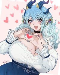 1girl 2025 :d aqua_hair aqua_nails arms_up artist_name bad_tag black_choker blouse blue_skirt blush breasts choker commentary curly_hair dragon_horns english_commentary eyebrows_hidden_by_hair female_focus frilled_sleeves frills heart heart_hands highres horns huge_breasts jewelry long_skirt looking_at_viewer mole mole_on_breast nose_blush omiza_somi open_mouth original puffy_sleeves red_lips red_pupils ring shirt simple_background skirt smile solo taut_clothes unaligned_breasts upper_body white_background white_shirt xkhwa_(omiza_somi)