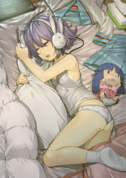 Rule 34 | 00s, 1girl, achakura, asakura ryoko, bunny headphones, character doll, closed eyes, clothes writing, computer, doll, grey hair, headphones, laptop, mole, nagato yuki, ninny-world, panties, pillow, polka dot, polka dot panties, print panties, saliva, school uniform, serafuku, short hair, sleeping, socks, suzumiya haruhi-chan no yuuutsu, suzumiya haruhi no yuuutsu, tank top, tissue, tissue box, underwear, underwear only, unworn clothes