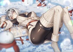 1girl black_pantyhose blush breasts closed_eyes cluseller commentary_request grey_hair highres indie_utaite large_breasts lying medium_hair on_back outdoors pantyhose smile snow snowman solo thigh_strap thighhighs thighs white_thighhighs yabuuchi_panda