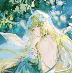 1other :3 androgynous back back_focus bare_back bare_shoulders black_choker blue_dress blue_flower cangchen choker closed_mouth commentary cowboy_shot crossed_bangs day dress english_commentary enkidu_(fate) eyelashes fate/grand_order fate_(series) flower forest from_behind green_eyes green_hair hair_between_eyes hair_flower hair_ornament lips long_dress long_hair nature other_focus outdoors partially_undressed pointy_nose puffy_sleeves shoulder_blades sidelocks sitting smile solo veil very_long_hair white_veil