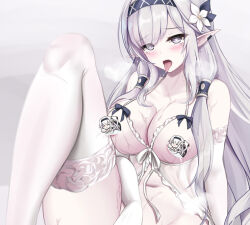 Rule 34 | 1girl, after fellatio, blue archive, breasts, camisole, censored, cleavage, crying, crying with eyes open, elbow gloves, gloves, grey background, hand on own crotch, heart, heart-shaped pupils, himari (blue archive), large breasts, lingerie, long hair, napalmbit, navel, novelty censor, pale skin, pointy ears, purple eyes, simple background, solo, stomach, symbol-shaped pupils, tears, thighhighs, tongue, tongue out, underwear, very long hair, white camisole, white gloves, white hair, white thighhighs