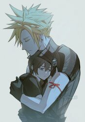 2boys aries20770321 arm_up armor black_gloves black_hair black_jacket black_vest blonde_hair child closed_eyes closed_mouth cloud_strife earrings final_fantasy final_fantasy_vii final_fantasy_vii_advent_children final_fantasy_xv gloves grey_background hair_between_eyes half-closed_eyes highres hug in-franchise_crossover jacket jewelry male_focus multiple_boys noctis_lucis_caelum pauldrons pink_ribbon popped_collar ribbon short_hair shoulder_armor single_earring single_pauldron spiked_hair twitter_username upper_body vest yaoi