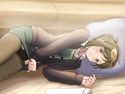 1girl black_cardigan black_panties blush brown_pantyhose buttons cardigan closed_mouth collared_shirt commission cowboy_shot cushion double-breasted green_hair green_skirt green_vest idolmaster idolmaster_shiny_colors indoors jacket lielos long_sleeves looking_at_viewer lying mask mask_on_head nanakusa_hazuki on_side open_clothes open_jacket panties panties_under_pantyhose pantyhose paper pencil_skirt pixiv_commission ponytail shirt shy single_sidelock skirt skirt_tug solo sweatdrop underwear vest white_shirt