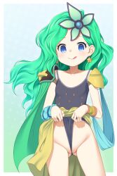 1girl :p blue_eyes blue_leotard cape commentary_request commission commissioner_upload earrings final_fantasy final_fantasy_iv flashing frontal_wedgie fugetsu_taku gluteal_fold green_cape green_hair groin hair_ornament highres jewelry leotard leotard_pull loli long_hair pulling_own_clothes pussy rydia_(ff4) rydia_(young)_(ff4) sarong self_wedgie skeb_commission smile solo star_(symbol) star_earrings thighs tongue tongue_out wedgie wristband yellow_sarong