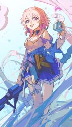 1girl acorn badge black_choker black_corset blue_eyes blue_jacket blue_skirt bow_(weapon) breasts button_badge buttons camera choker corset earrings flower_ornament hair_between_eyes hand_up highres holding holding_bow_(weapon) holding_camera holding_weapon honkai:_star_rail honkai_(series) jacket jewelry kurattes long_sleeves march_7th_(honkai:_star_rail) march_7th_(preservation)_(honkai:_star_rail) medium_breasts medium_hair miniskirt multicolored_eyes open_mouth pink_eyes pink_hair pleated_skirt shirt single_earring skirt solo teeth thigh_strap tied_jacket two-tone_eyes underbust weapon white_shirt