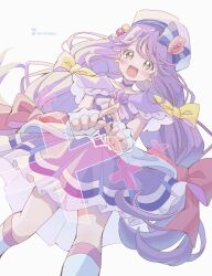 1girl blush bow choker colored_eyelashes cure_coral dress facial_mark fingerless_gloves gloves hair_bow hat heart heart_facial_mark highres kneehighs lilylily0601 long_hair looking_at_viewer multicolored_eyes open_mouth pink_bow precure purple_choker purple_dress purple_hair sailor_hat signature socks solo suzumura_sango tropical-rouge!_precure twitter_username white_gloves x yellow_bow