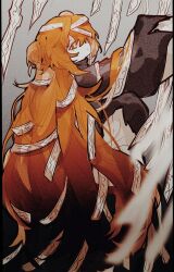 1girl aislan double_bun full_body grey_background hair_bun highres hundred-footed_death_maggot_(e.g.o) ishmael_(project_moon) limbus_company long_hair looking_at_viewer one_eye_covered orange_eyes orange_hair project_moon simple_background sleeves_past_fingers sleeves_past_wrists solo standing talisman very_long_hair