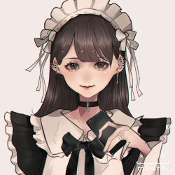 Rule 34 | 1girl, aegyo sal, artist logo, black bow, black bowtie, black choker, bow, bowtie, brown hair, cellphone, chain, chain earrings, choker, closed mouth, commentary request, ear piercing, earrings, eyelashes, grey background, grey eyes, heart, heart choker, highres, holding, holding phone, jewelry, logo, looking at viewer, maid, maid headdress, mano aaa, multiple rings, original, phone, piercing, portrait, red lips, ring, smartphone, solo
