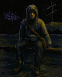 1boy absurdres bag black_gloves black_shoes canvas_texture cry_of_fear dark dim_lighting exhausted gloves grey_hoodie highres hood hood_up hoodie male_focus no_eyes outline partially_shaded_face power_lines purple_outline serious shoes shoulder_bag signature simon_henriksson sitting solo sorkot7328