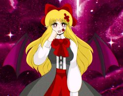 Rule 34 | 1990s (style), bat (animal), bat wings, black coat, blonde hair, bow, bowtie, coat, demon, elis (touhou), hair bow, highly responsive to prayers, highres, makai, pink background, pink eyes, pink wings, red bow, red bowtie, red skirt, retro artstyle, shirt, skirt, star (sky), star (symbol), touhou, touhou (pc-98), white shirt, wings