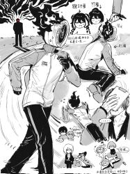 1other 3girls 4boys black_gloves chinese_text clock dante_(limbus_company) don_quixote_(project_moon) faust_(project_moon) gloves greyscale highres hong_lu_(project_moon) hoyapaint jacket jia_xichun_(project_moon) limbus_company long_sleeves monochrome multiple_boys multiple_girls object_head pants project_moon running sinclair_(project_moon) track_suit translation_request vergilius_(project_moon) yi_sang_(project_moon)