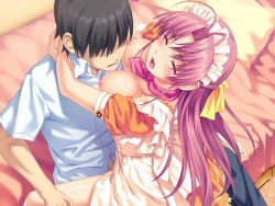 10s 1boy 1girl aoi_matsuri bed blush breasts clothed_sex closed_eyes game_cg hetero highres hug koutaro long_hair maid nipples open_mouth pink_hair sex straddling tropical_kiss upright_straddle waitress