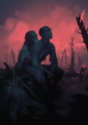 1boy 1other abandoned arms_between_legs black_coat black_hair breasts building burning coat colored_smoke contra_bonos dark head_tilt highres hug hug_from_behind limited_palette mask no_shirt original pixel_art ribs ruins short_hair sitting skull_mask smoke soldier tree war zombie