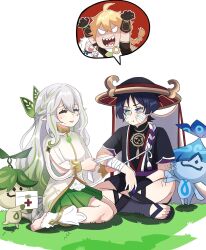 2boys 2girls aether_(genshin_impact) aged_up alternate_costume alternate_hairstyle alternate_universe aranara_(genshin_impact) ararycan_(genshin_impact) arm_cutout arm_on_thigh bandaged_arm bandages barefoot black_bodysuit black_footwear black_hair black_kimono black_leggings black_shorts black_sleeves blue_eyes bodysuit braid cheek_bulge closed_eyes eyelashes facing_another first_aid_kit frown gauze gauze_on_cheek genshin_impact gold green_hair green_skirt hair_between_eyes hair_down hair_ornament half_up_half_down_braid han&#039;eri hat highres indian_style japanese_clothes jewelry jingasa julydelic kimono layered_kimono layered_sleeves leaf leaf_hair_ornament leggings long_hair long_sleeves looking_down mandarin_collar mitsudomoe_(shape) multicolored_hair multiple_boys multiple_girls nahida_(genshin_impact) neck_ring open_clothes open_hand open_kimono open_mouth paimon_(genshin_impact) pleated_skirt pout purple_rope purple_sash purple_sleeves red_hat red_kimono rope sandals sash scaramouche_(genshin_impact) seiza shimenawa shirt short_sleeves shorts sidelocks sitting skirt spoken_character streaked_hair sweat tassel tears time_lapse toeless_footwear toeless_legwear toes tomoe_(symbol) white_background white_hair white_kimono white_leggings white_rope white_shirt white_sleeves zouri