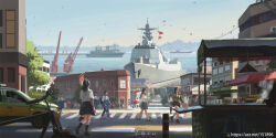 bicycle building cargo_ship china chinese_text cityscape container_ship crane_(machine) crosswalk crowd destroyer dock food_stand gym_uniform highres kuznetsov-class_aircraft_carrier military_vehicle motor_vehicle multiple_boys multiple_girls ocean original people&#039;s_liberation_army people&#039;s_liberation_army_navy pleated_skirt port road scenery ship shouhui_lang_qun signature skirt slice_of_life street taxi track_suit type_052d_destroyer warship watercraft