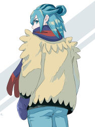 1boy aqua_eyes aqua_hair aqua_pants arms_at_sides blue_mittens blue_scarf commentary_request grusha_(pokemon) hair_bun highres jacket long_sleeves looking_at_viewer looking_back male_focus min_(myna8247) mittens nintendo pants pokemon pokemon_sv scarf solo striped_clothes striped_scarf white_background yellow_jacket