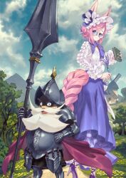 1boy 1girl age_difference animal_ears armor armored_boots ascot beard black_eyes black_skirt blue_eyes book boots braided_tail breastplate breasts cape closed_mouth cloud cloudy_sky don_quixote_(fate) facial_hair fate/grand_order fate_(series) faulds feather_nib_pen feet_out_of_frame frilled_hairband frilled_skirt frilled_sleeves frills full_beard game_cg gauntlets glasses hair_bun hairband hand_on_own_hip hand_up hands_up height_difference high_heels holding holding_book holding_pen holding_polearm holding_weapon horse_ears horse_girl horse_tail lance layered_skirt long_beard long_mustache long_sleeves looking_at_viewer mountainous_horizon murayama_ryota mustache nib_pen_(object) official_art old old_man open_mouth parted_bangs pauldrons pen pink_hair pink_tail polearm purple_ascot purple_shoes purple_skirt red_cape sancho_(fate) shaded_face shield shield_on_back shirt shoes short_hair shoulder_armor shouting sideburns sidelocks single_hair_bun skirt sky small_breasts smile standing stiletto_heels tail teeth third-party_source twisted_torso v-shaped_eyebrows variant_set weapon white_facial_hair white_hair white_hairband white_shirt windmill