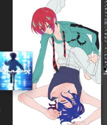 1boy 1girl all_fours amate_yuzuriha aqua_eyes art_program_in_frame assertive_female between_legs blue_hair blush bra bra_peek closed_eyes colored_inner_hair commentary_request copyright_name dress gundam gundam_gquuuuuux hetero korean_commentary leg_grab long_sleeves lying multicolored_hair necktie official_art_inset on_back open_mouth pants purple_hair red_hair school_uniform short_hair shuji_ito simple_background sleeveless sweat sweater tank_top two-tone_hair underwear undone_necktie white_background wide-eyed yang_gallae