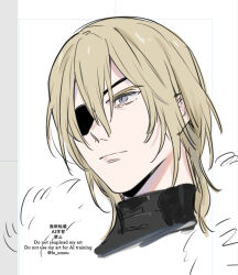 1boy armor black_armor blonde_hair blue_eyes closed_mouth commentary_request cropped_shoulders dimitri_alexandre_blaiddyd dimitri_alexandre_blaiddyd_(timeskip) eyepatch fire_emblem fire_emblem:_three_houses hair_between_eyes long_hair looking_ahead male_focus nintendo one_eye_covered portrait serious solo umou_(user_xxhp7583) unfinished watermark white_background white_fur