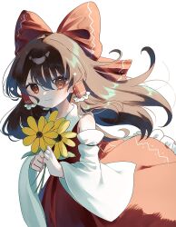 1girl ascot blush bow brown_eyes brown_hair chocoeiru closed_mouth commentary_request detached_sleeves flower frilled_hair_tubes frills hair_bow hair_tubes hakurei_reimu highres holding holding_flower long_hair looking_at_viewer red_bow red_skirt redrawn simple_background skirt skirt_set smile solo touhou white_background yellow_ascot yellow_flower