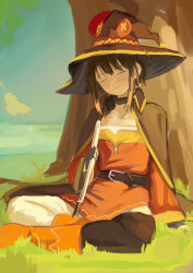 Rule 34 | 1girl, black cape, black gloves, black hat, black thighhighs, blush, boots, cape, closed eyes, closed mouth, dress, fingerless gloves, gloves, hair between eyes, hat, highres, holding, holding staff, indian style, kono subarashii sekai ni shukufuku wo!, medium hair, megumin, orange boots, pantyhose, red dress, rurikon, sidelocks, single thighhigh, sitting, sleeping, solo, staff, thighhighs, white pantyhose, witch, wotch hat
