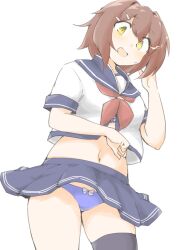1girl akara_kai blue_panties blue_sailor_collar blush breasts brown_hair furutaka_(kancolle) gloves glowing glowing_eye hair_ornament hairclip highres kantai_collection kneehighs medium_breasts neckerchief panties pleated_skirt red_neckerchief sailor_collar school_uniform serafuku short_hair single_kneehigh single_sock single_thighhigh skirt smile socks solo thighhighs underwear yellow_eyes