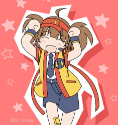 1girl :d a_rimaki absurdres ahoge arms_up back_ribbon badge blue_shorts blush brown_hair button_badge caramelldansen closed_eyes commentary cowboy_shot dancing imadake_dabuchi_tabemi employee_uniform fast_food_uniform happi hat headset highres japanese_clothes mcdonald&#039;s microphone necktie open_happi open_mouth outline red_background red_hat red_ribbon ribbon shirt short_sleeves shorts smile solo star_(symbol) tie_clip twintails twitter_username velcro_footwear visor_cap white_outline yellow_happi