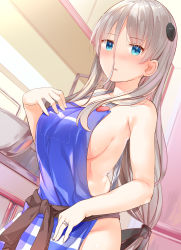 1girl apron aqua_eyes bare_shoulders blue_apron blue_eyes bowl breasts cabinet comic_cune eyes_visible_through_hair grey_hair haikei..._koroshiya-san_to_kekkon_shimashita hair_between_eyes hair_ornament hand_on_own_chest heart jewelry kosaka_donten long_hair looking_at_viewer married multicolored_eyes naked_apron official_art original ring scrunchie setsuna_(haikei..._koroshiya-san_to_kekkon_shimashita) sideboob solo thighs upper_body wedding_band