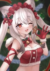 1girl ;d absurdres animal_ear_fluff animal_ears arm_ribbon bare_shoulders bell blurry blurry_background blush bow bowtie breasts cat_ears christmas christmas_tree cleavage crop_top depth_of_field fang frilled_hairband frills fur-trimmed_gloves fur-trimmed_shirt fur_collar fur_trim gloves grey_hair hair_bell hair_between_eyes hair_bow hair_ornament hairband hand_up headdress highres holding holly_hair_ornament hood hood_down jingle_bell long_hair looking_at_viewer mashir_oxo maya_(vrchat) medium_breasts midriff neck_bell one_eye_closed open_mouth orange_eyes red_bow red_bowtie red_eyes red_gloves red_ribbon red_shirt ribbon santa_costume shirt sidelocks skin_fang smile solo strapless tube_top twintails upper_body vrchat white_hair