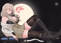 1girl anal_beads anal_tail black_boots black_bra black_thighhighs blonde_hair blue_eyes blush boots bow bra breasts butt_plug closed_mouth condom condom_packet_strip condom_wrapper fake_tail fire_emblem fire_emblem:_three_houses garreg_mach_monastery_uniform hair_bow hair_over_shoulder highres ihsnet large_breasts long_hair long_sleeves looking_at_viewer low-tied_long_hair low_ponytail mercedes_von_martritz moon nintendo off_shoulder ponytail shirt skindentation skirt smile solo tail thighhighs thighs underwear white_shirt