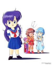 1990s_(style) arm_behind_back armor asou_yuuko black_footwear blue_eyes blue_gloves blue_hair blue_skirt cham dress forehead_jewel game game_console gloves horns long_hair looking_at_another looking_at_viewer miniskirt multiple_girls nec official_art pc_engine pigeon-toed pleated_skirt pointy_ears purple_hair red_hair retro_artstyle school_uniform sega_mega_drive serafuku shadow shirt shoes short_hair short_sleeves simple_background single_horn skirt smile socks standing telenet_japan valis valis_iii valna very_long_hair white_background white_legwear white_shirt