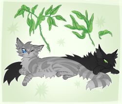 Rule 34 | animal, animal focus, black cat, black fur, blue eyes, cat, cinderheart, commentary, english commentary, fluffy, green background, green eyes, grey cat, grey fur, heart, hollyleaf, kitty (fernwhisker), leaf, lying, no humans, one eye closed, power of three, warrior cats