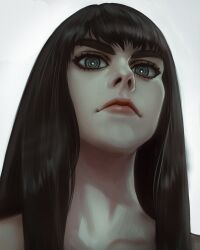 Rule 34 | 1girl, bare shoulders, black hair, chapinor, expressionless, eyelashes, highres, kill la kill, kiryuuin satsuki, lips, long hair, looking at viewer, photo-referenced, portrait, ringed eyes, simple background, solo, thick eyebrows, v-shaped eyebrows, white background