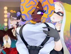4girls aqua_hair black_hair black_hat black_suspenders blonde_hair breasts cigarette dark-skinned_female dark_skin glasses gloves grabbing_another&#039;s_breast gradient_hair grey_gloves grey_hat groping hair_over_one_eye hat hat_ornament highres indoors inkling jessika_(splatoon) large_breasts long_sleeves mirror multicolored_hair multiple_girls nintendo octoling opaque_glasses orange_hair patterned_hair plaid_clothes plaid_shirt pointy_ears purple_eyes purple_hair red_shirt round_eyewear shirt shirt_tucked_in smoking splatoon_(series) splatoon_3 tao_blu_(splatoon) tentacle_hair tosh_(splatoon) twintails vespbee white_shirt yoko_(splatoon) yuri