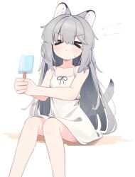 &gt;_&lt; 1girl animal_ear_fluff animal_ears bare_arms bare_shoulders blush closed_eyes closed_mouth collarbone commentary dog_ears dog_girl dog_tail dress feet_out_of_frame food grey_hair highres holding holding_food holding_popsicle long_hair original popsicle riya_(01214) simple_background sitting sleeveless sleeveless_dress solo sweatdrop symbol-only_commentary tail v-shaped_eyebrows white_background white_dress