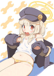1girl absurdres aoba_(blue_archive) armband bare_shoulders blonde_hair blue_archive blue_hat blush bow bow_camisole breasts newsboy_cap camisole chinese_commentary commentary halo hat highres jacket liuzhengyang777 loli long_hair long_sleeves looking_at_viewer navel no_pants off_shoulder open_clothes open_mouth orange_halo panties patterned_background red_eyes shirt sitting sleeves_past_wrists small_breasts solo stomach underwear white_camisole yellow_armband yellow_halo yellow_panties