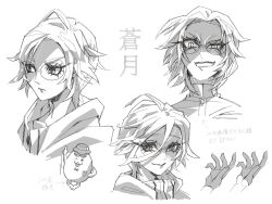 1boy aotsuki_eito black_gloves brain closed_mouth drawstring eyelashes glasses gloves greyscale hair_between_eyes hair_over_one_eye hands_up heart highres japanese_text looking_at_viewer male_focus messy_hair monochrome multiple_expressions open_mouth parted_hair sirei_(hundred_line) the_hundred_line_-last_defense_academy- translation_request
