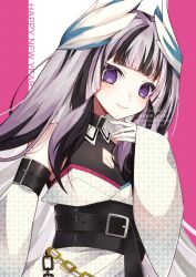 1girl alternate_costume belt black_belt black_choker black_hair blunt_bangs breasts choker cleavage cleavage_cutout clothing_cutout fire_emblem fire_emblem_engage grey_hair hair_ornament happy_new_year japanese_clothes kimono long_hair long_sleeves looking_at_viewer multicolored_hair new_year nintendo purple_eyes siesta_festival small_breasts smile solo two-tone_hair veyle_(fire_emblem) wide_sleeves wing_hair_ornament