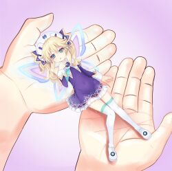 1girl 1other aboredguyart bare_shoulders blonde_hair blue_eyes blue_necktie boots carrying carrying_person covered_navel detached_sleeves dress exhausted fairy_wings frilled_dress frills hair_between_eyes hair_ribbon hand_up hat highres hip_focus histoire knees_together_feet_apart long_hair long_sleeves looking_at_viewer mini_person minigirl necktie neptune_(series) nurse_cap open_mouth purple_dress ribbon solo_focus thigh_boots twintails wings