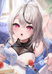 1girl ahoge alternate_costume alternate_hairstyle armpit_crease bare_shoulders barefoot black_hair blue_jacket blush breasts cleavage controller crossed_bangs crossed_legs curtains earrings eyelashes feet feet_up game_controller grey_hair highres indoors jacket jewelry large_breasts long_hair long_sleeves looking_at_viewer lying multicolored_hair off_shoulder official_art on_stomach open_mouth out_of_frame parted_bangs pillow pov purple_eyes sbi_e-sports shunsui_rei sidelocks soles solo spoon strap_slip streaked_hair stud_earrings the_pose toes tyabesu virtual_youtuber window