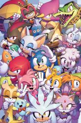 absurdres amy_rose artist_name bandaged_arm bandages black_fur blaze_the_cat blue_eyes chain chain_necklace chao_(sonic) chaos_emerald character_request charmy_bee clenched_hands closed_eyes cover cover_page cream_the_rabbit e-123_omega espio_the_chameleon evan_stanley eyeshadow fangs flying furry furry_female furry_male gauntlets gem gloves goggles goggles_on_head green_eyes green_gemstone grey_fur hand_on_own_hip hand_up headphones highres horns jewelry knuckles_the_echidna looking_at_viewer makeup multicolored_fur multiple_boys multiple_girls necklace neutral_chao one_eye_closed open_mouth orange_fur pink_eyes pink_fur ponytail purple_eyes purple_fur red_eyes red_fur robot rouge_the_bat scales shadow_the_hedgehog silver_the_hedgehog sleeveless smile smirk sonic_(series) sonic_the_hedgehog sonic_the_hedgehog_(idw) tails_(sonic) teeth tongue v vector_the_crocodile white_fur wisp_(sonic) yellow_eyes yellow_fur