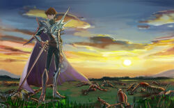 1boy armor armored_boots belt blood blood_on_armor blood_on_clothes blood_on_ground blue_eyes blue_sky boots brown_hair cape cloud cloudy_sky commentary_request evening facing_viewer full_armor grass hand_on_own_hip holding holding_sword holding_weapon implied_murder kaiba_seto knight laneearashi looking_to_the_side mountain orange_sky outdoors purple_cape shoulder_armor sky sword weapon yellow_sky yu-gi-oh!_the_duelists_of_the_roses