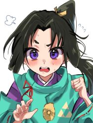 1boy androgynous black_hair blush clenched_hand commentary_request flying_sweatdrops high_ponytail highres houjou_tokiyuki_(nige_jouzu_no_wakagimi) ia34550364 looking_at_viewer male_focus nige_jouzu_no_wakagimi open_mouth ponytail purple_eyes raised_eyebrow simple_background solo sweat teeth upper_body upper_teeth_only white_background