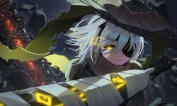 1girl ajirogasa bandage_over_one_eye bandaged_arm bandaged_weapon bandages chain closed_mouth conical_hat faust_(project_moon) grey_background grey_scarf hand_wraps hat heishou_pack-mao_branch_(identity)_(project_moon) highres holding holding_weapon limbus_company looking_at_viewer one_eye_covered project_moon rice_hat salgaoli83428 scarf short_hair solo upper_body weapon white_hair yellow_eyes