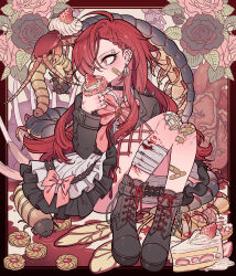 1other absurdres bandaged_leg bandages bandaid bandaid_on_leg black_boots black_collar black_eyeshadow black_flower black_jacket black_rose black_skirt boots bow bruise bug cake centipede collar cookie corset_piercing donut ear_piercing earrings eating eyeshadow flower food frilled_skirt frills fruit full_body hair_over_one_eye heart_(organ) highres holding holding_food injury jacket jewelry kei_(meremero) knees_up lace-up_boots long_hair long_sleeves looking_to_the_side maggot makeup meremero nail_polish original oversized_insect piercing pink_bow pink_flower pink_rose razor_blade red_eyes red_hair ring rose scratches sitting skirt solo strawberry strawberry_shortcake thigh_strap