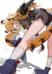 1girl absurdres animal_ears black_shorts blance blonde_hair blue_boots boots green_eyes grey_shirt highres jacket ju_fufu looking_at_viewer open_mouth shirt short_shorts shorts simple_background socks sparkle tail tiger_ears tiger_girl tiger_tail white_background white_socks yellow_jacket zenless_zone_zero