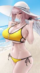 1girl absurdres bare_shoulders beach bikini blush braid braided_ponytail breasts cleavage collarbone curvy day fate/grand_order fate_(series) florence_nightingale_(chaldea_lifesavers)_(fate) florence_nightingale_(fate) folded_ponytail hat highres large_breasts long_hair navel outdoors pink_hair red_eyes shiroshisu solo sun_hat swimsuit thighs thong thong_bikini underboob whistle whistle_around_neck wide_hips yellow_bikini